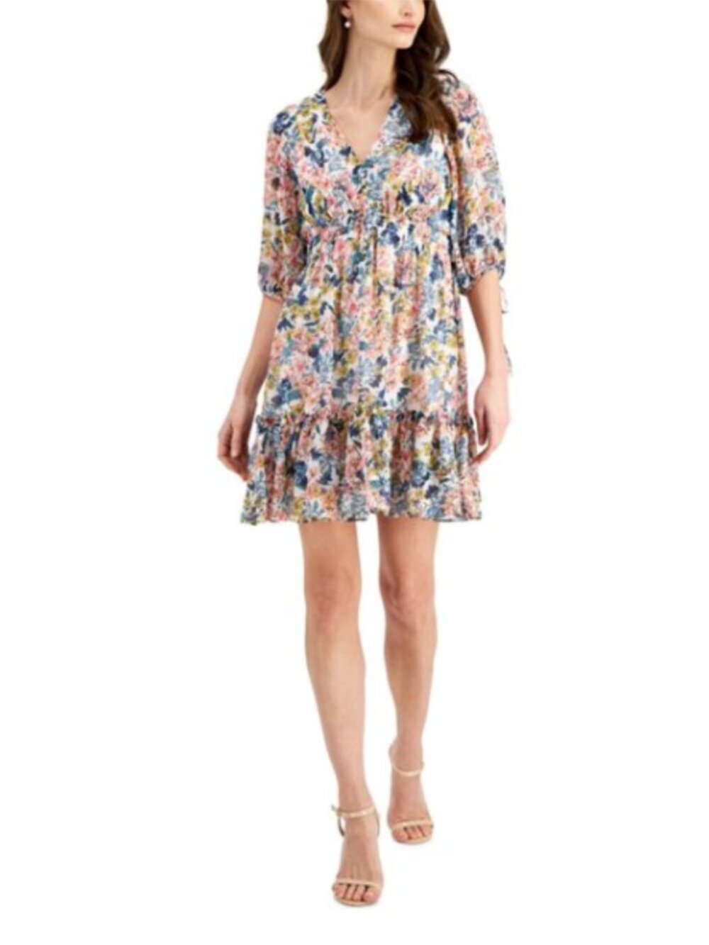 TAYLOR | Ruffle Printed Floral Chiffon Smocked Waist Fit & Flare Dress | Size 10